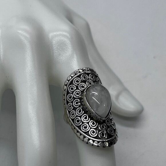 Sterling Silver Teardrop Moonstone Swirl Scrolls Bali Detail Long Ring Sz 7.5 - Picture 2 of 16
